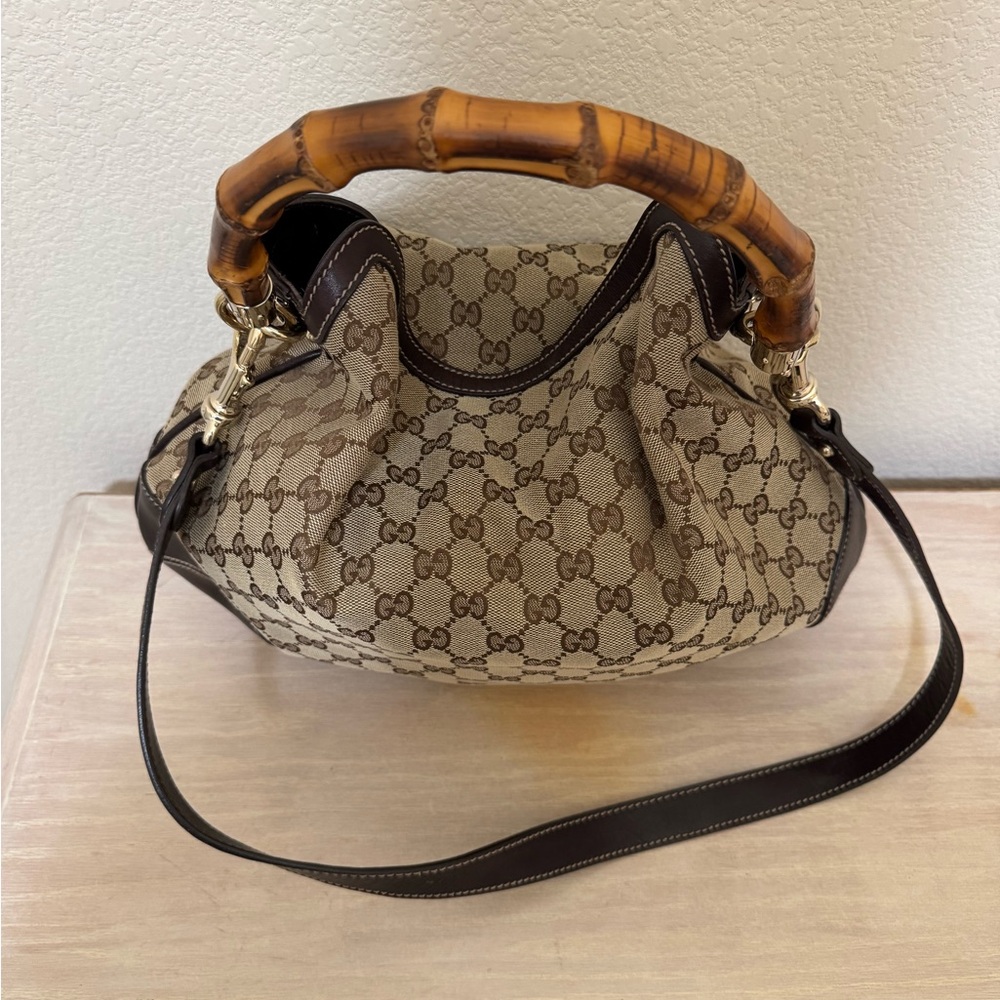 Gucci Monogram Medium Peggy Bamboo Top Handle Bag Dark Brown  EUC - Picture 2 of 7